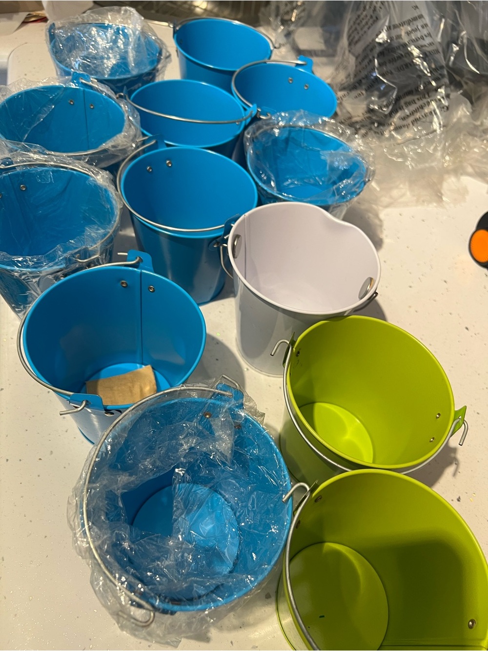 Blue, White & Lime Small Metal Party Buckets - Set of Decorative Pails